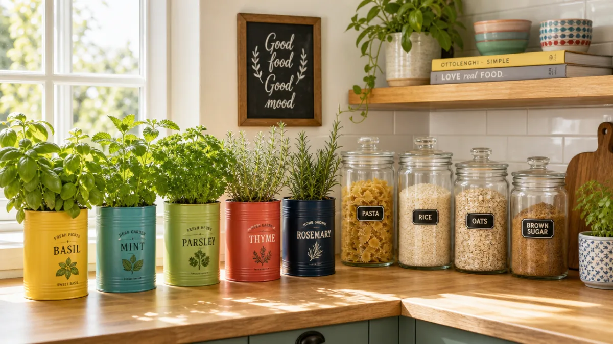 a bright sunlit kitchen counter with colorful tin can herb planters and…