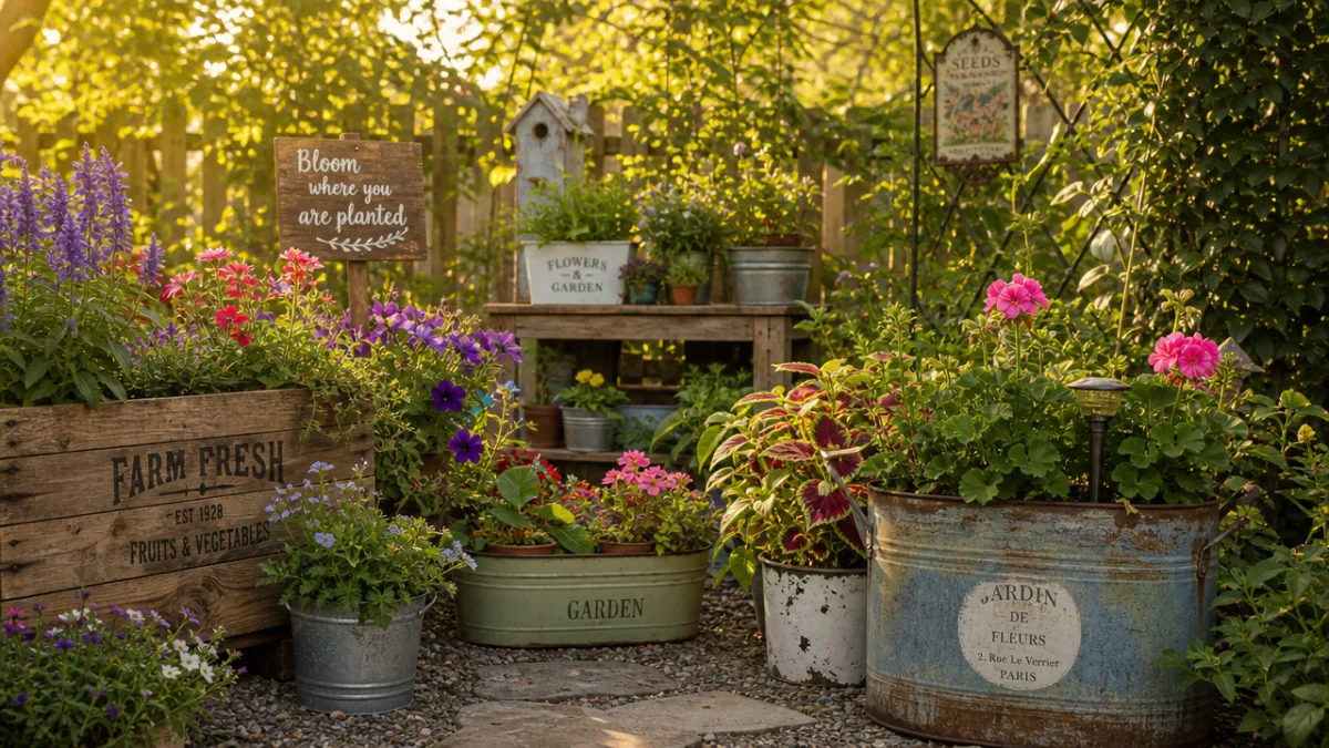a lush garden with upcycled wooden planters and vintage container pots in…