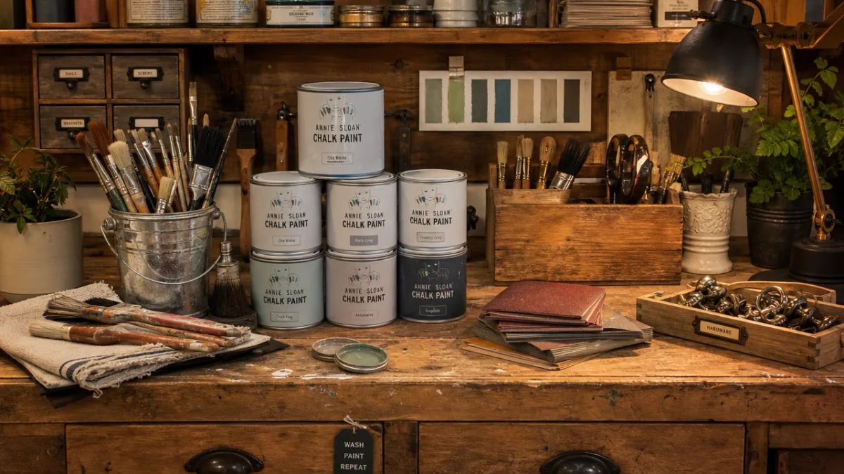 a well-organized wooden workshop bench covered with paint brushes, chalk paint tins,…