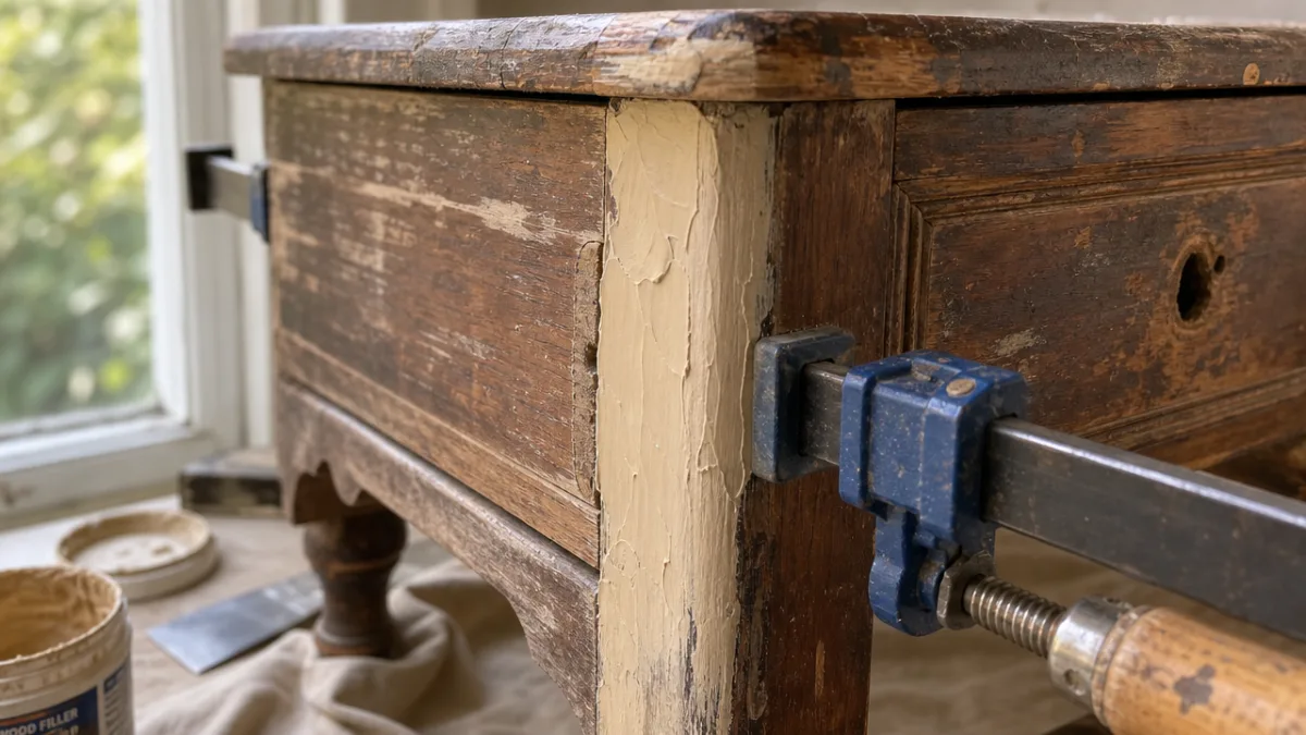 close-up of weathered wooden furniture being repaired with wood filler and clamps,…