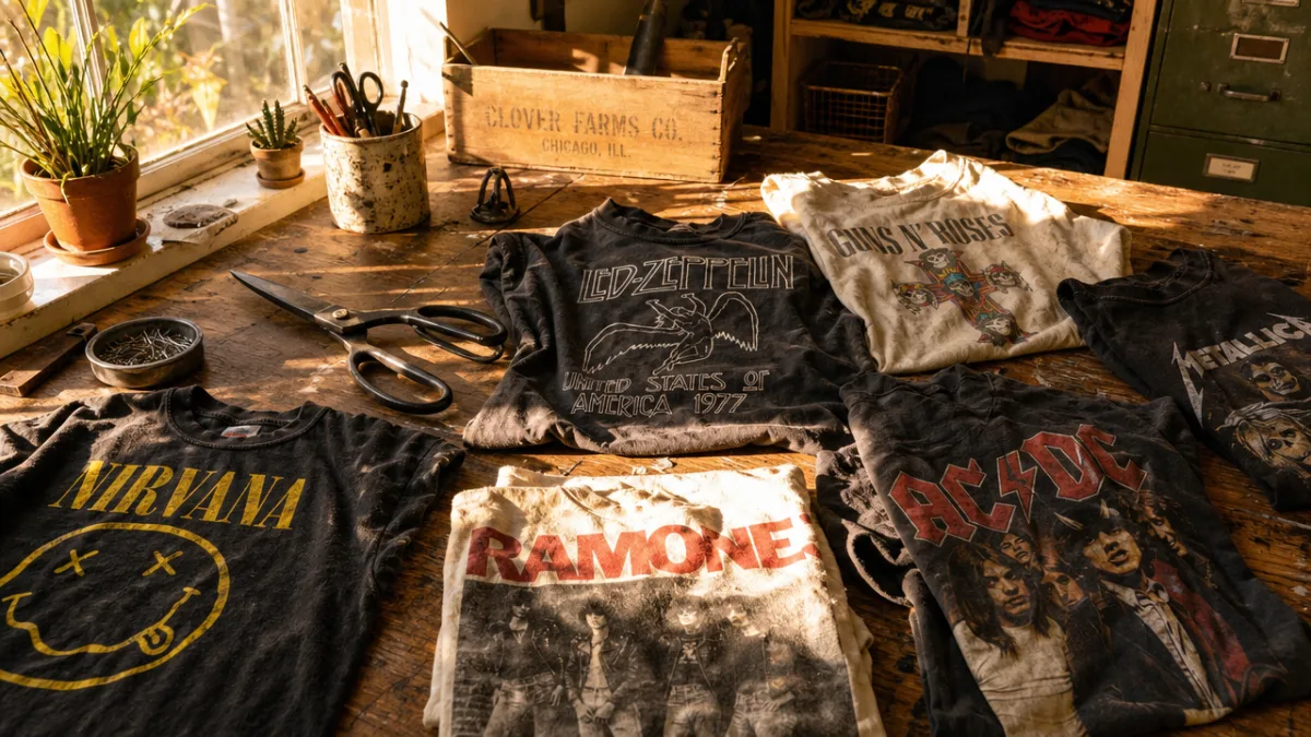 a sunlit rustic workshop table covered in vintage band tees and fabric…