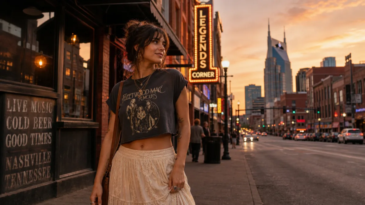 a woman in a cropped vintage band tee and flowing skirt standing…