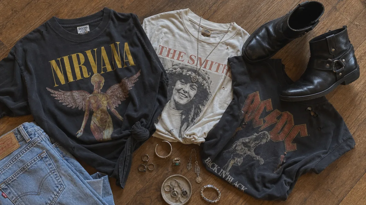 a flatlay of upcycled band tees, vintage jewelry, and leather boots on…