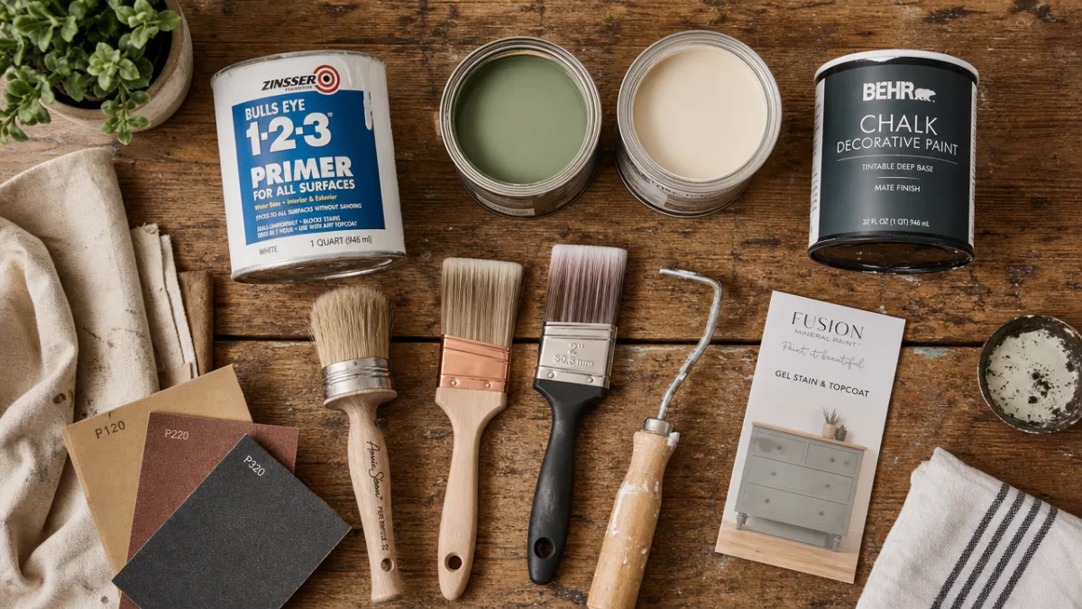 a flat lay of furniture painting supplies including brushes, sandpaper, paint cans,…