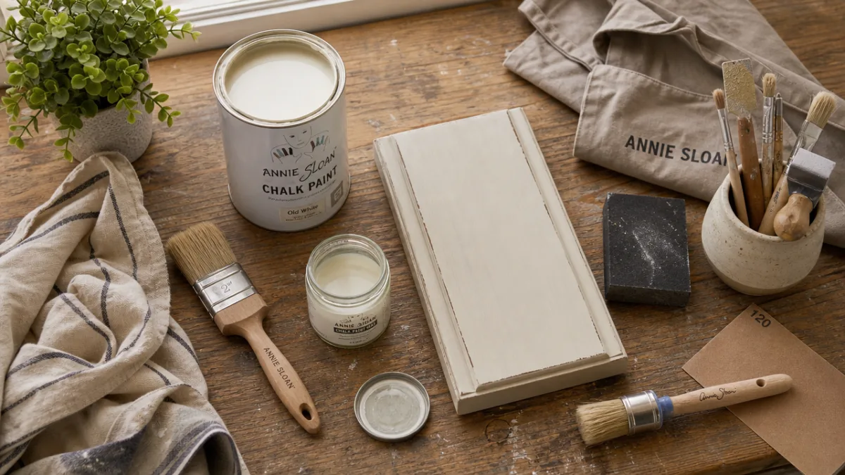 a flatlay of furniture painting supplies on a wooden workbench, warm natural…