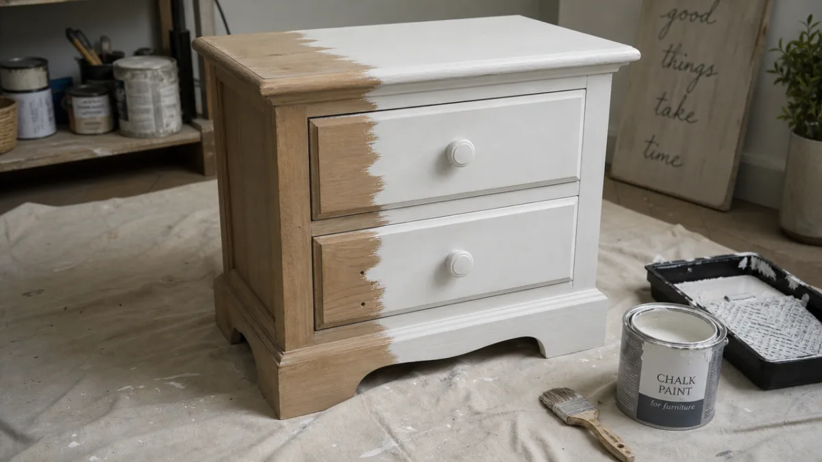 a half-painted white nightstand on a drop cloth, soft diffused workshop lighting,…