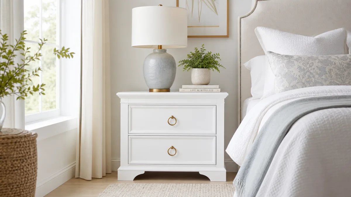 a beautifully finished white nightstand styled with a lamp and small plant,…