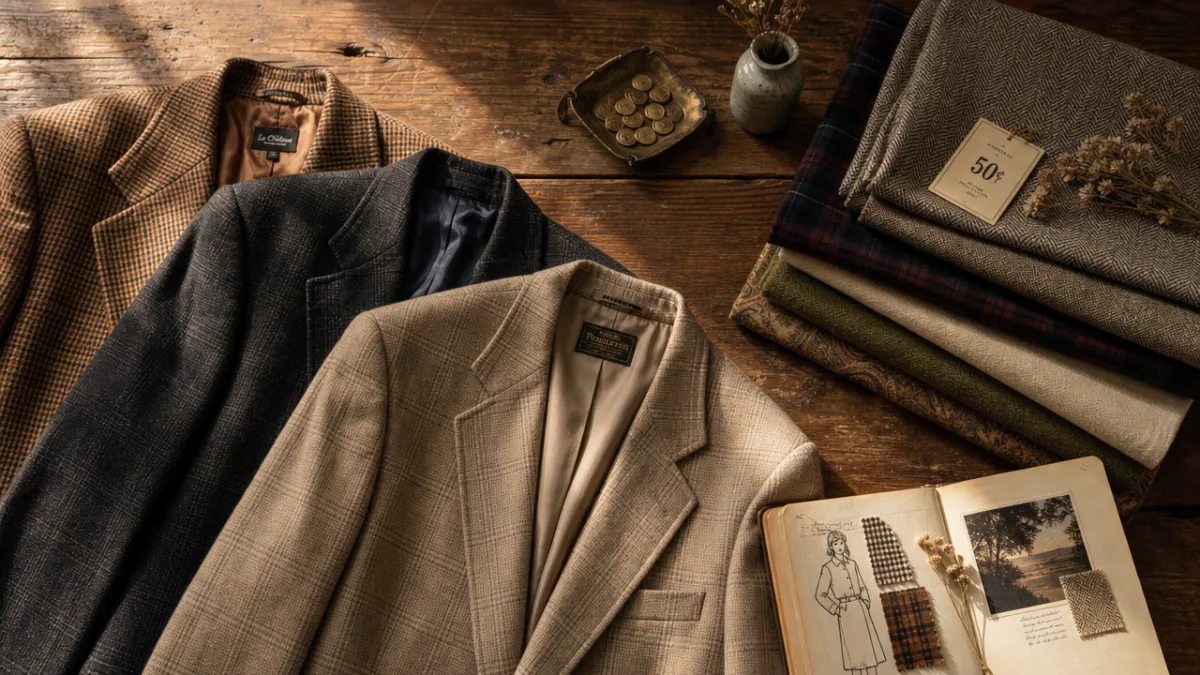 a flat lay of thrifted blazers and fabrics on a rustic wooden…