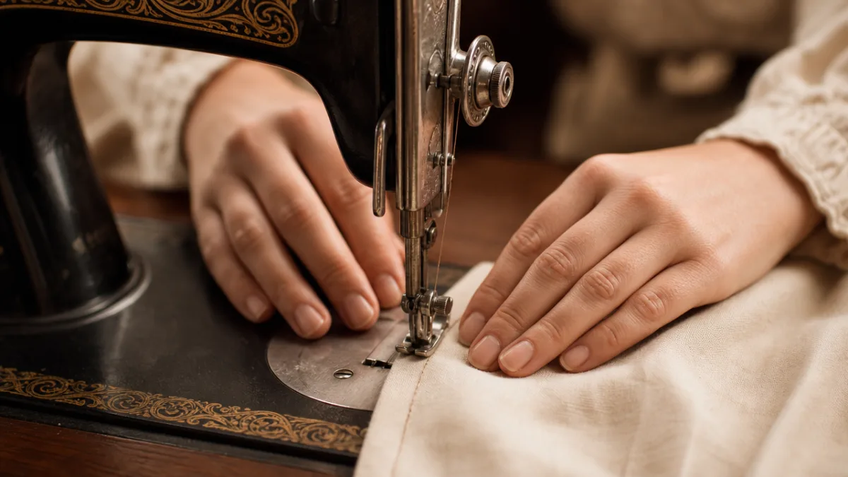 a close-up of hands sewing fabric on a vintage sewing machine, soft…