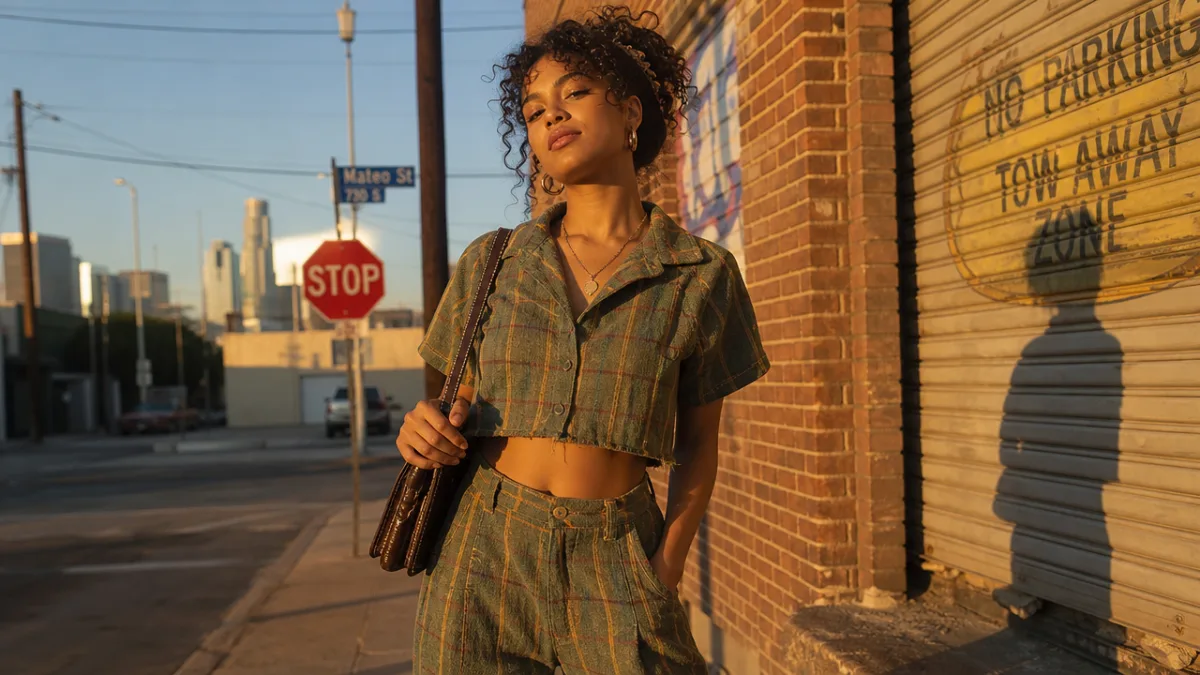 a confident person wearing a matching two piece thrift-flipped set outdoors, golden…
