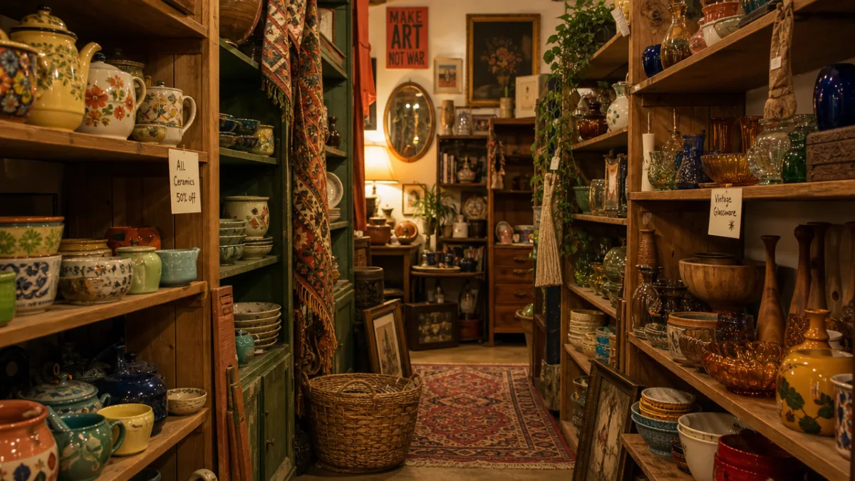 a warmly lit thrift store aisle filled with colorful ceramics, vintage glassware,…