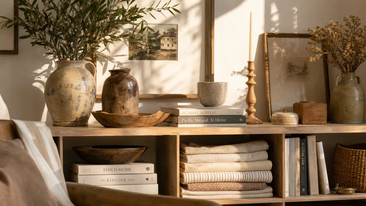 a sunlit home interior with thrifted ceramic vases, linen textiles, and wooden…