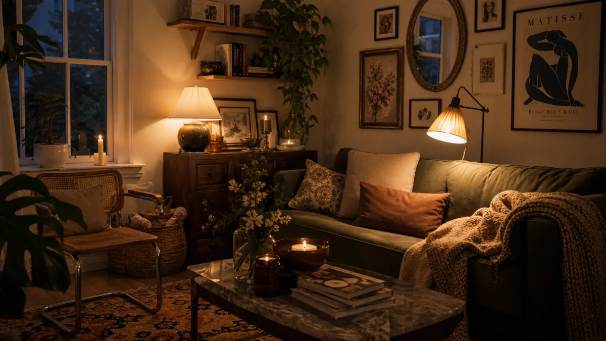 a cozy, curated living room corner with a mix of thrifted and…