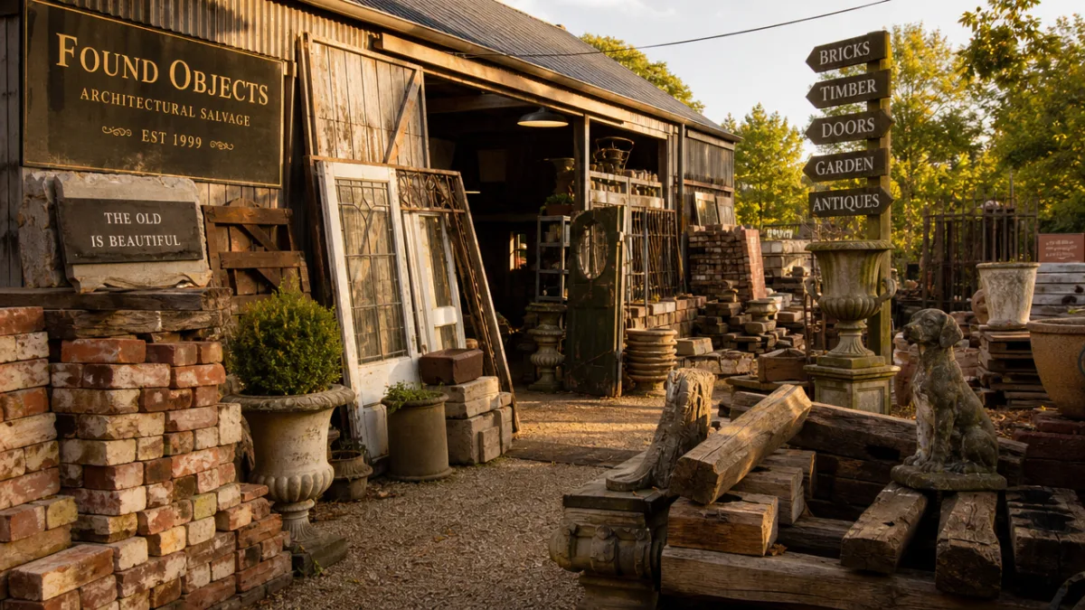 a rustic architectural salvage yard filled with reclaimed bricks, timber, and vintage…