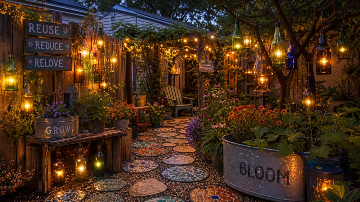 a charming upcycled garden at dusk with glowing glass bottle lights and…