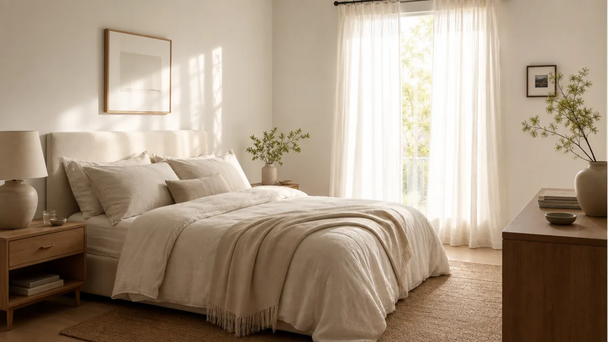 a serene minimalist bedroom with warm white walls, soft linen bedding, and…