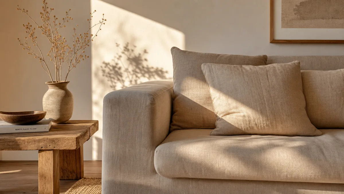 a minimalist living room corner featuring raw linen cushions, a wooden side…