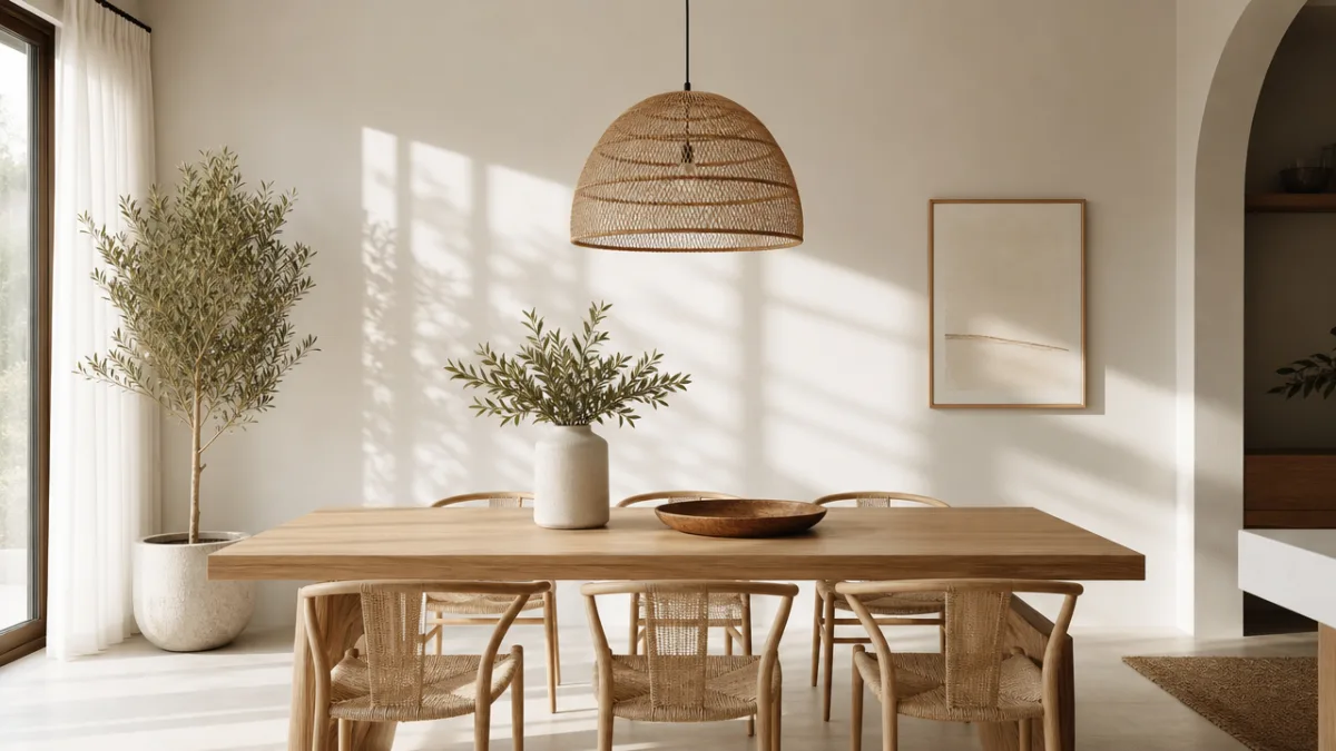 a bright minimalist dining space with a rattan pendant light, long shadow…