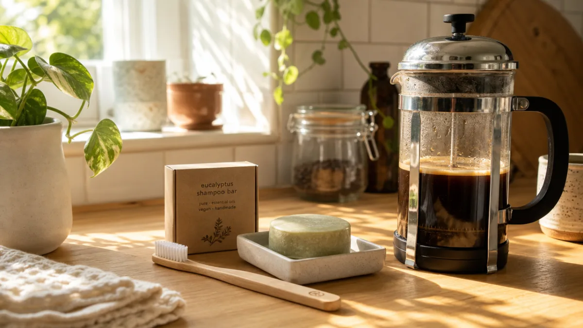 a sunlit kitchen counter with a bamboo toothbrush, shampoo bar, and glass…