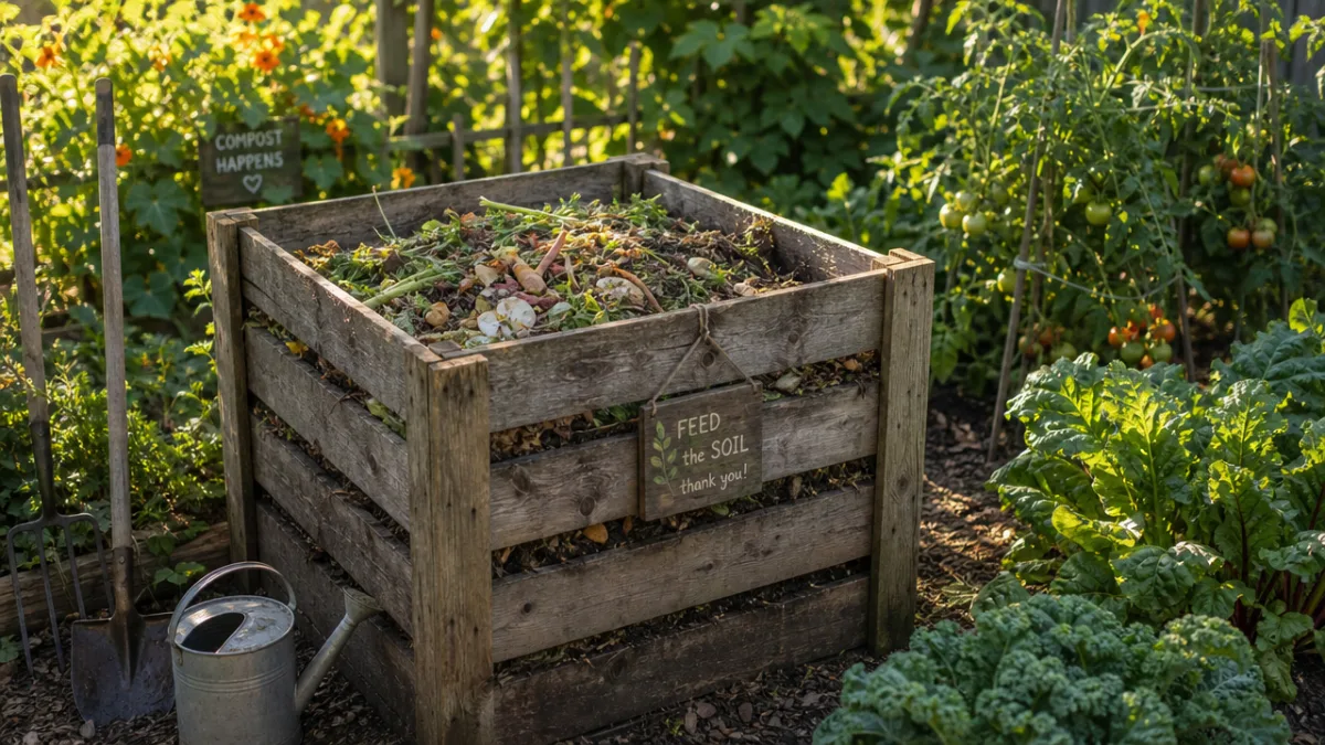 a rustic wooden compost bin in a lush garden surrounded by vegetable…
