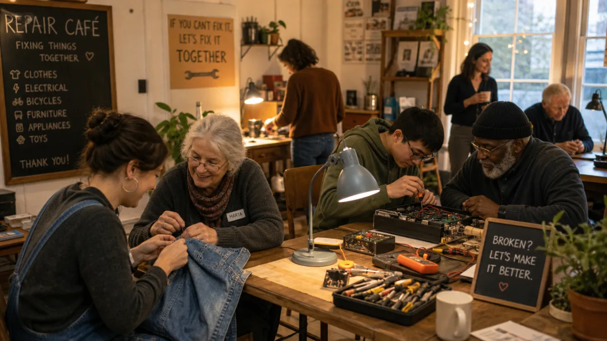 a warm community repair café with people fixing clothing and electronics together,…