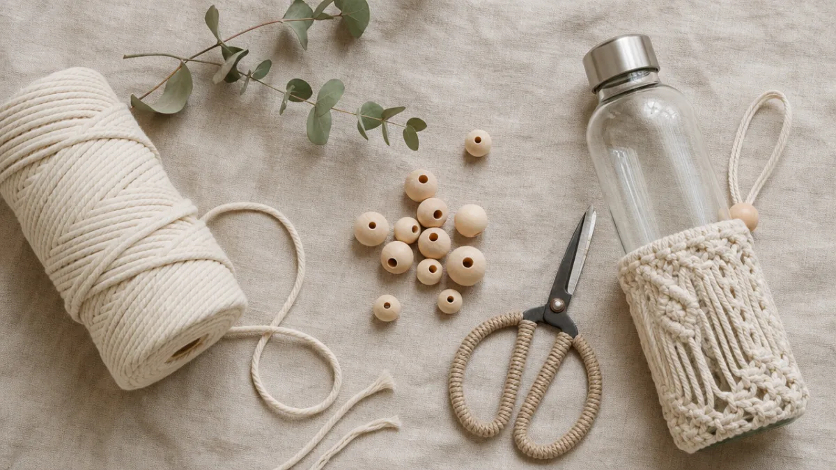 a flat lay of natural cotton macrame cord, wooden beads, scissors and…
