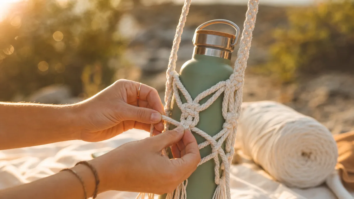 hands knotting natural cotton macrame cord around a reusable water bottle outdoors,…