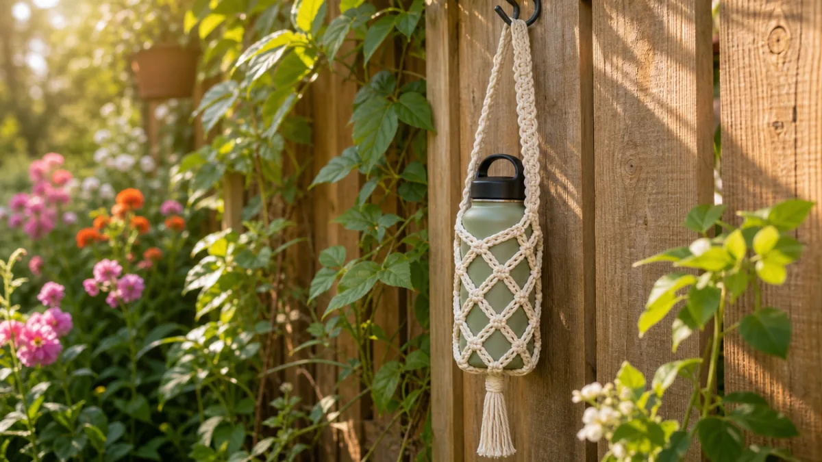 a reusable water bottle in a finished macrame holder hanging on a…