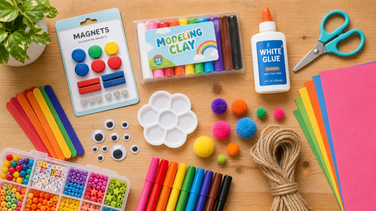 flat lay of colorful craft supplies including magnets, clay, glue, and scissors…