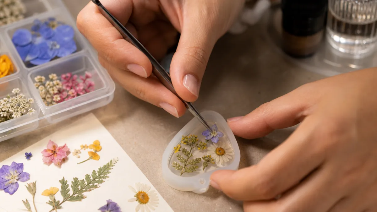 hands carefully placing pressed dried flowers inside a small resin mold, soft…