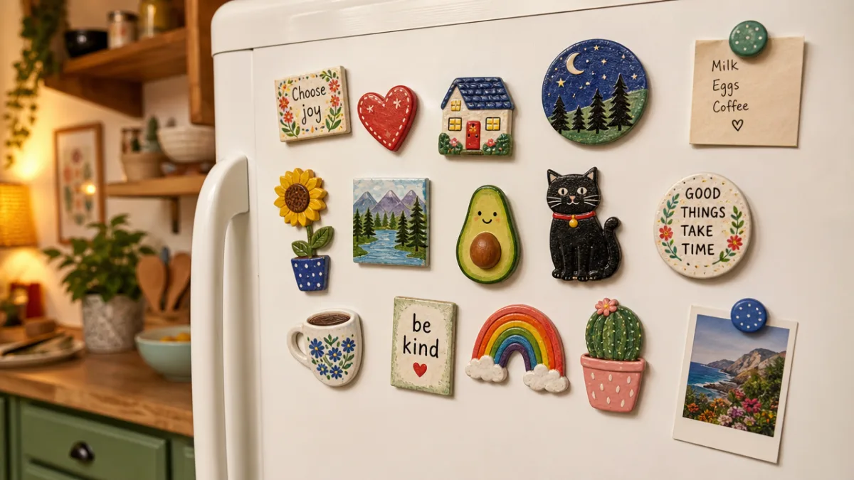 a colorful collection of handmade magnets displayed on a white refrigerator door,…