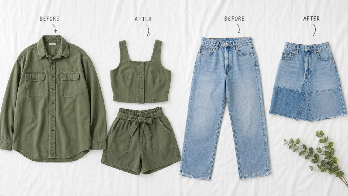 a flat lay of before-and-after upcycled clothing pieces on white linen, bright…