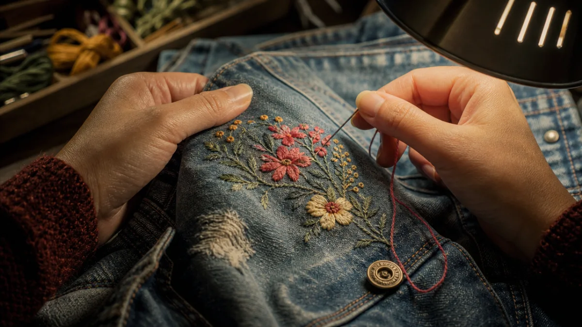 hands carefully embroidering colorful thread onto a faded denim jacket under warm…