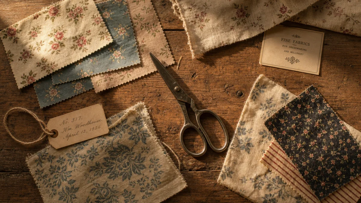 a flat lay of vintage fabric swatches and sewing scissors on a…