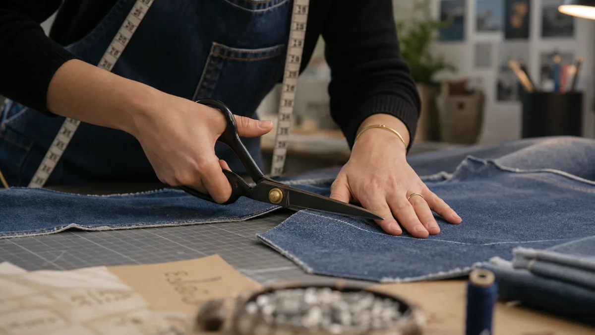 close-up of hands carefully cutting denim fabric on a craft table, soft…