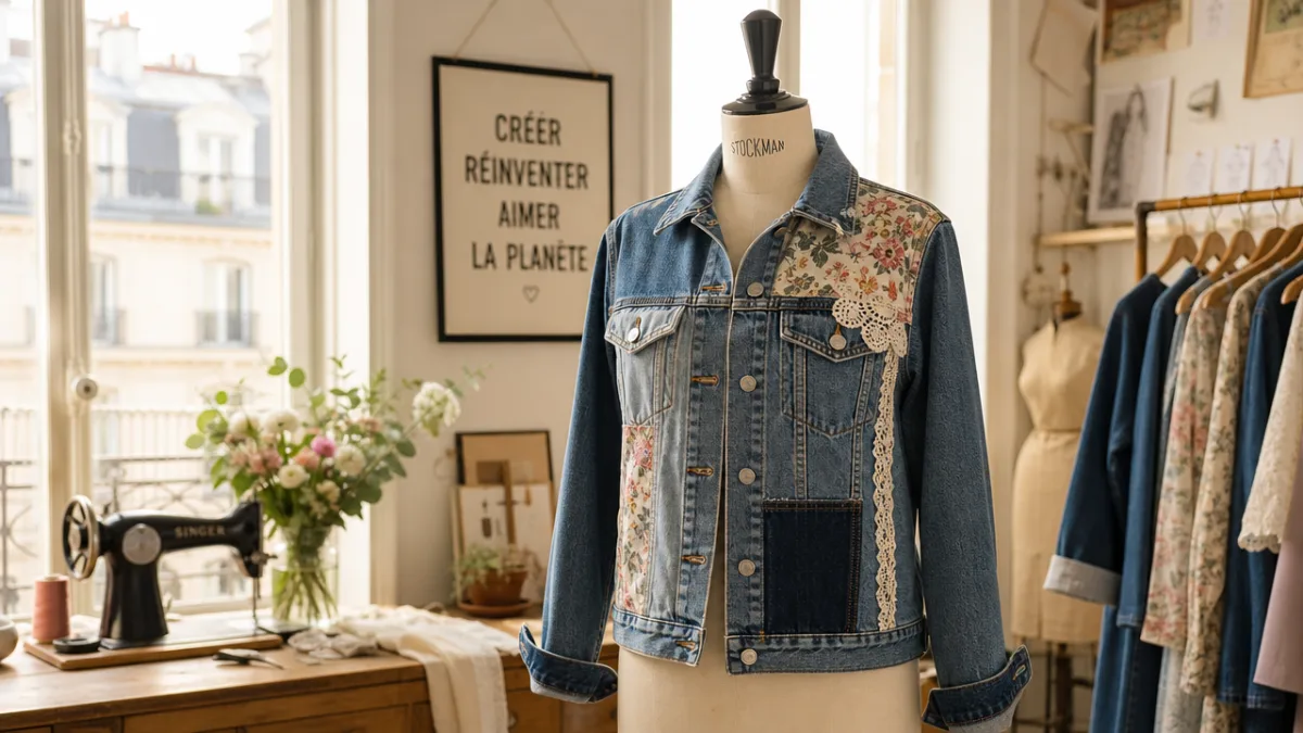 a finished upcycled denim jacket displayed on a mannequin in a bright…