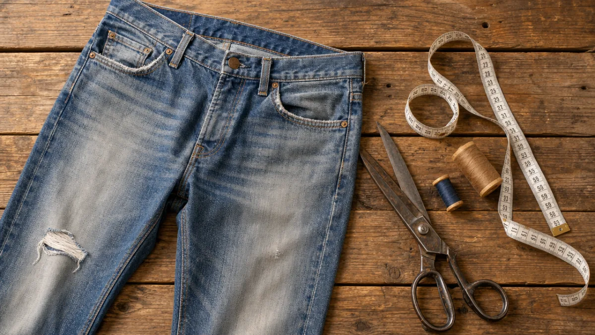 a flat lay of worn blue jeans, scissors, thread, and a measuring…