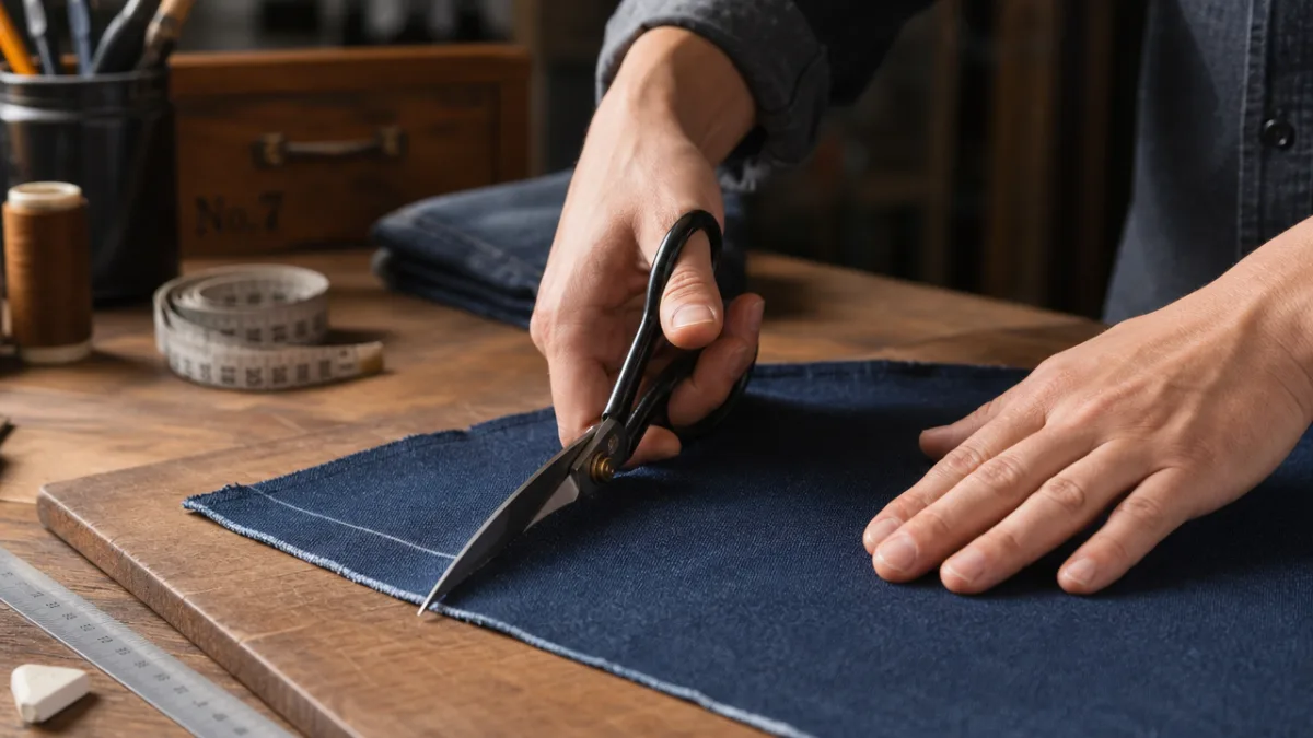 hands carefully cutting denim fabric with sharp scissors on a wooden cutting…