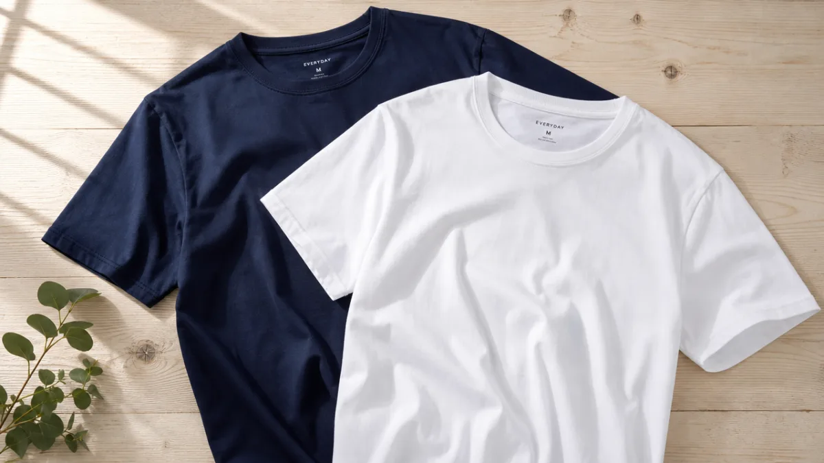 a flat lay of navy and white t-shirts on a light wooden…