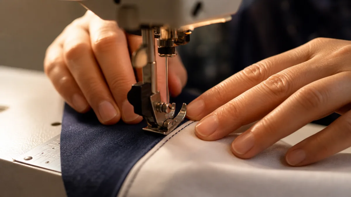 a close-up of hands sewing navy and white fabric on a sewing…