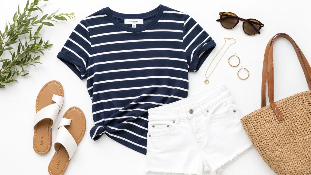 a styled summer outfit flat lay featuring navy and white t-shirt with…
