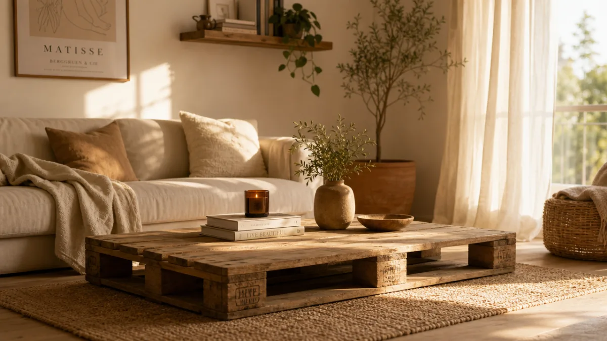 a low wooden pallet coffee table in a cozy minimalist living room,…