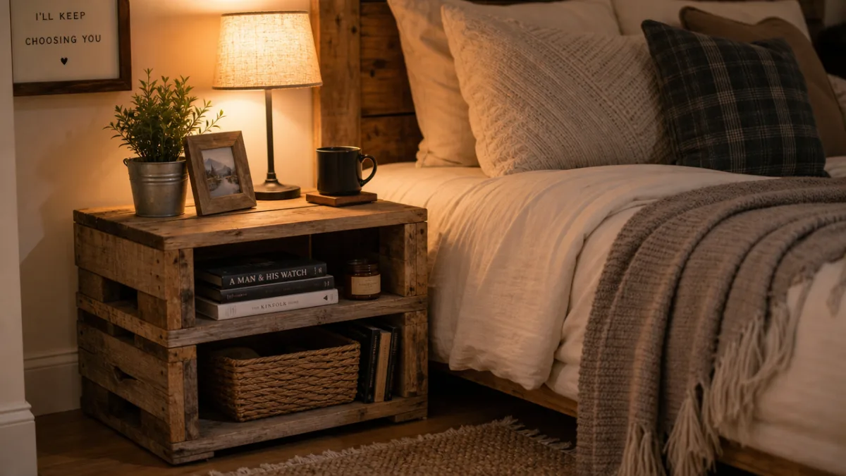 a rustic pallet side table with storage shelves beside a cozy bed,…