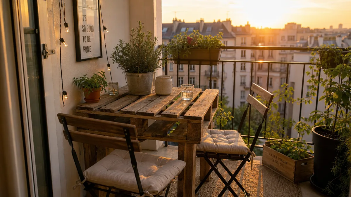 a small sunlit apartment balcony with a pallet wood dining table and…