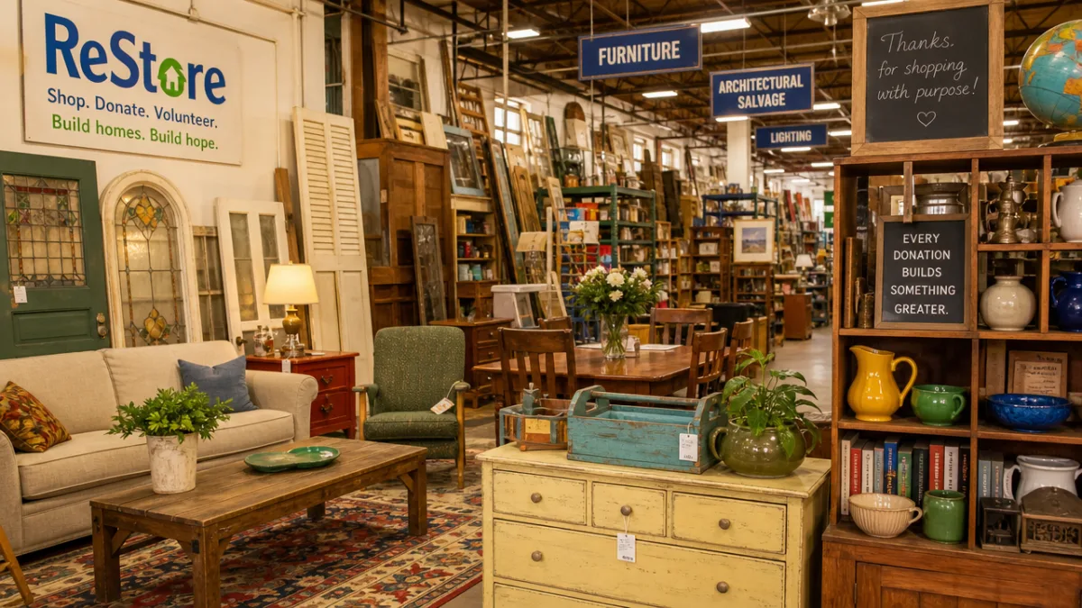 a warmly lit ReStore thrift shop interior filled with furniture, architectural salvage,…