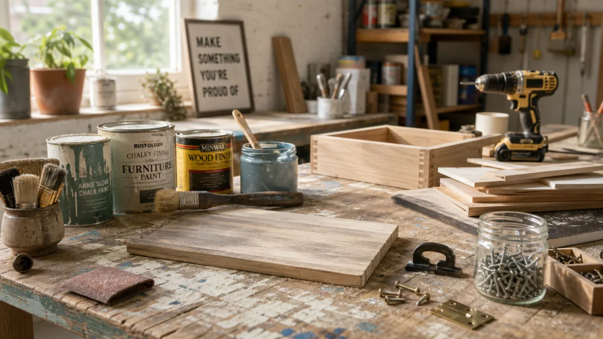 a sunlit DIY workshop table covered with paint cans, brushes, sanded wood…