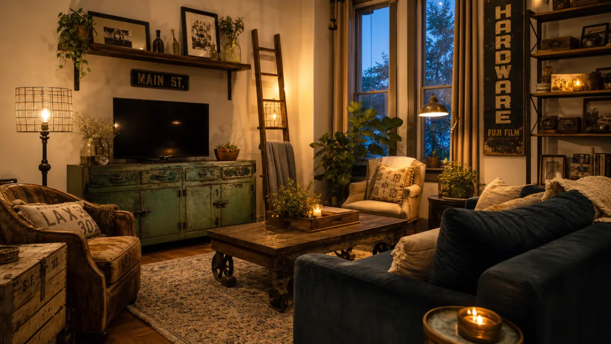 a beautifully styled living room featuring repurposed furniture and salvage décor with…