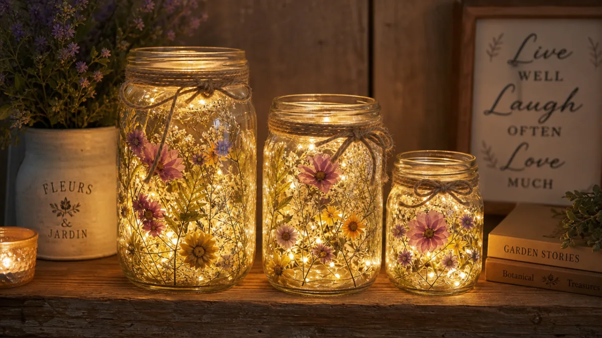 a collection of three glowing floral fairy light jars in varying sizes…