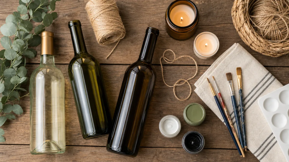 a flat lay of clean wine bottles, twine, candles, and paint supplies…