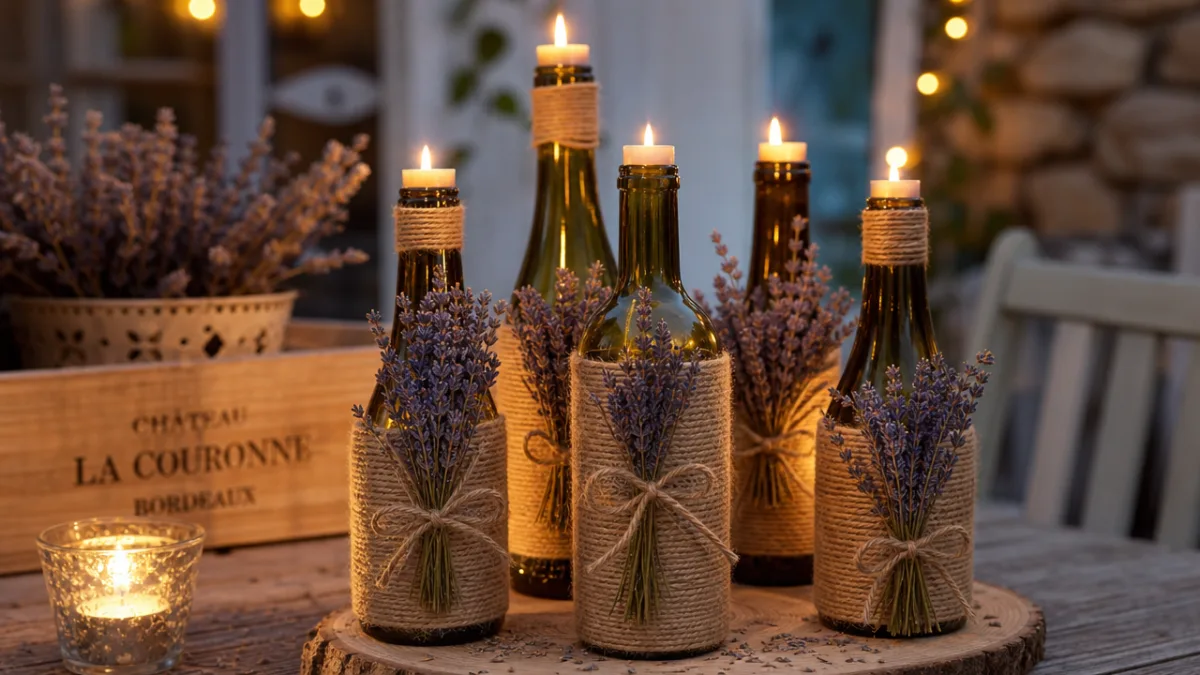 a cluster of wine bottle candle holders wrapped in twine and adorned…
